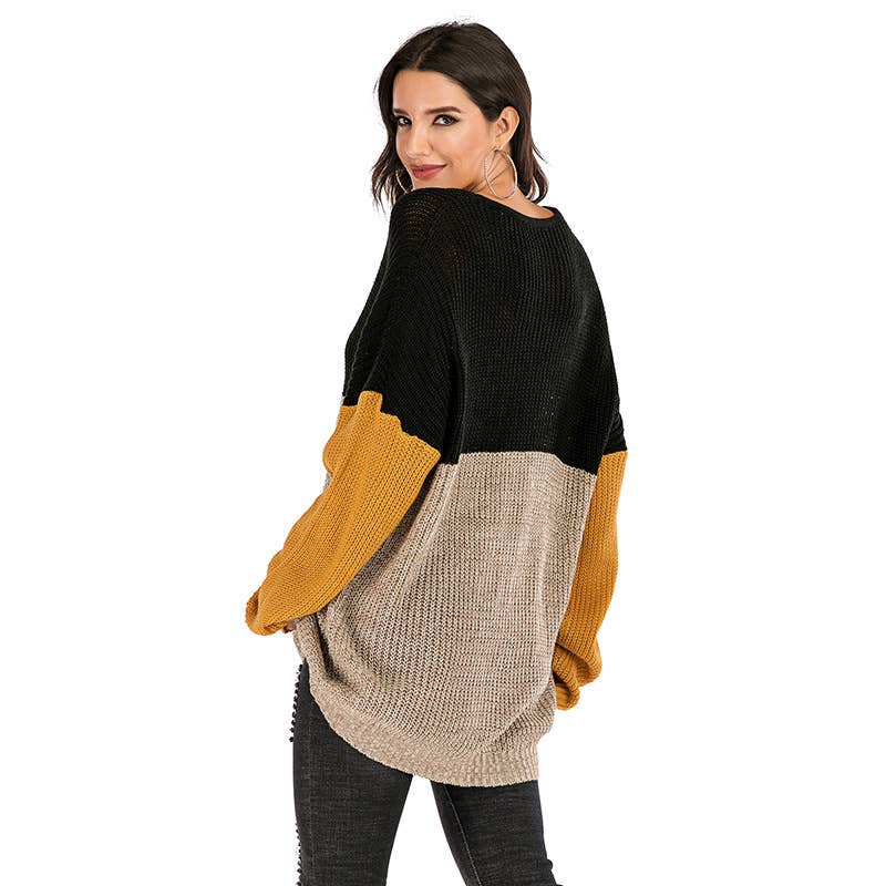 COLOR CONTRAST LOOSE SLIMMING CREW-NECK SWEATER