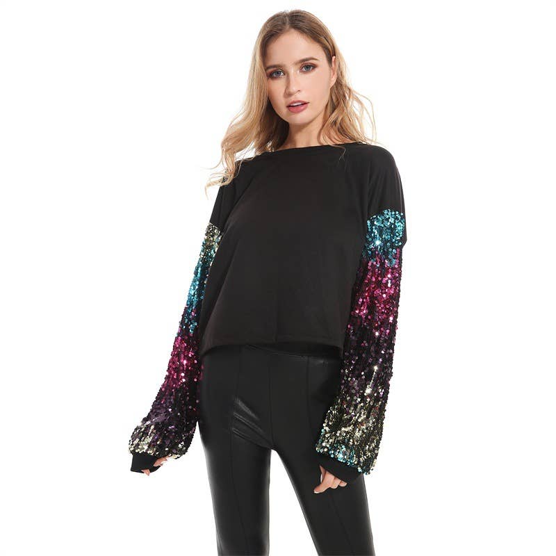 CREW-NECK LONG-SLEEVED SEQUINED SLEEVE HOODIE