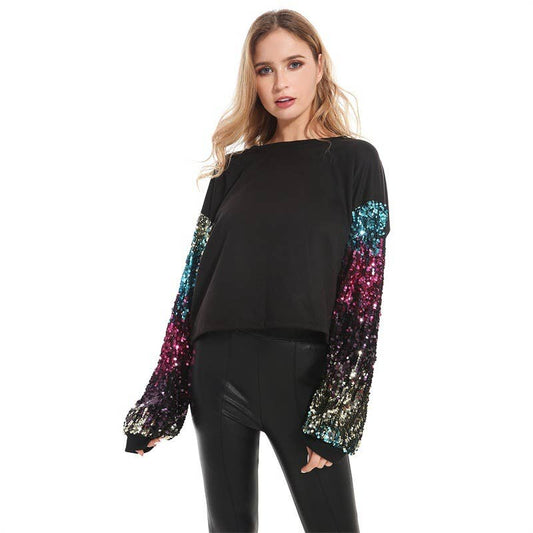 CREW-NECK LONG-SLEEVED SEQUINED SLEEVE HOODIE