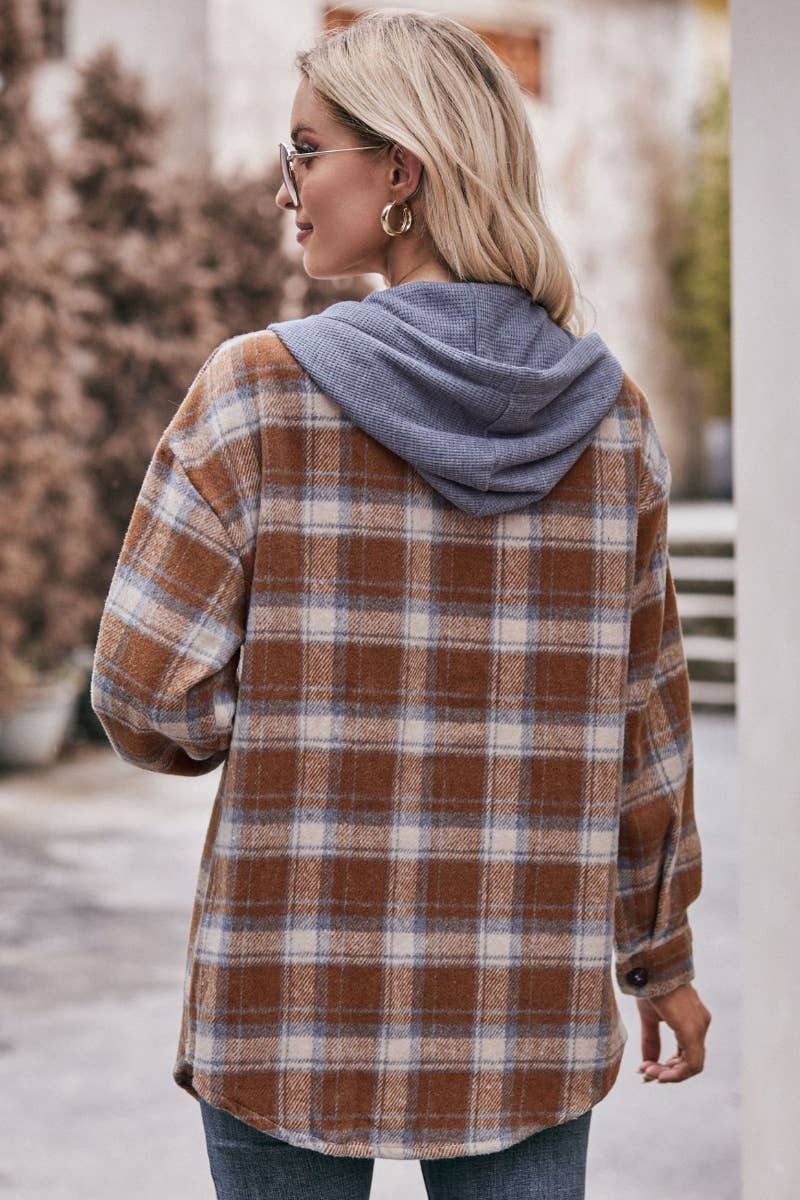 CWTSTL2181_FLANNEL PLAID HOODED LONG-SLEEVED SHIRT JACKET