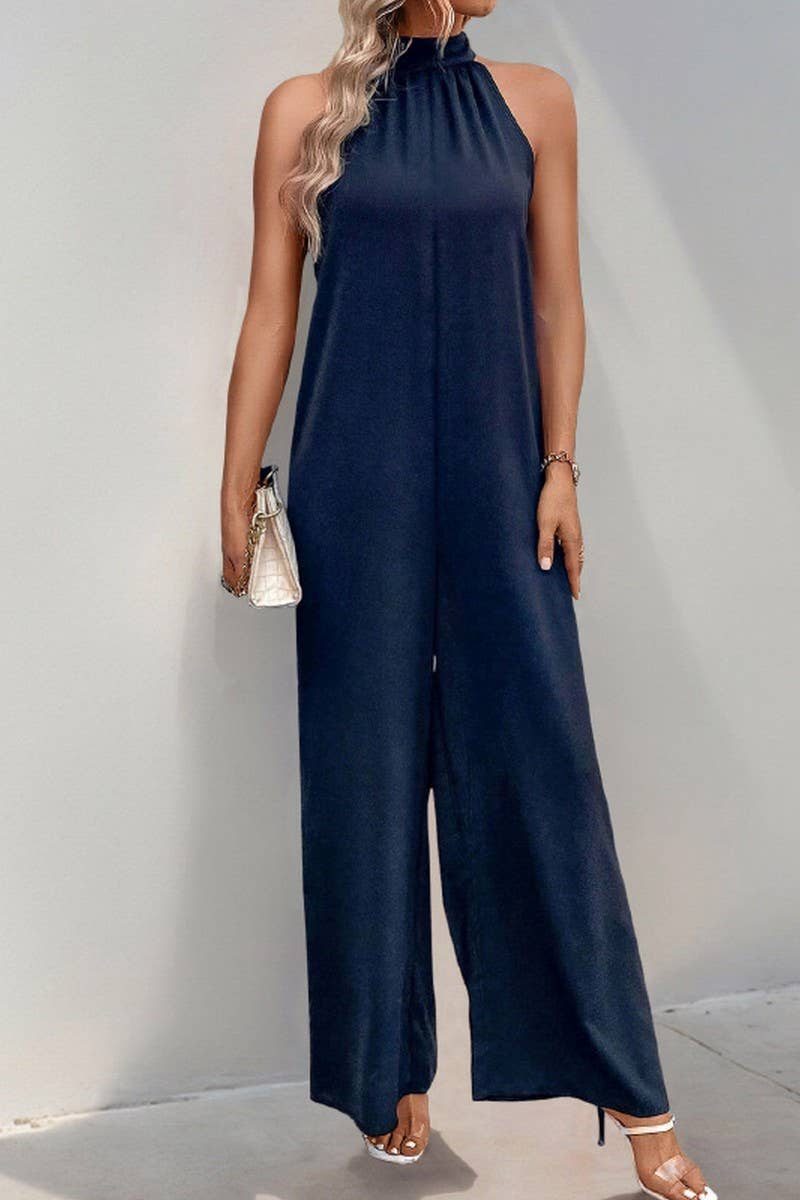CWSJS1675_SOLID HIGH NECK HALTER WIDE LEG JUMPSUIT