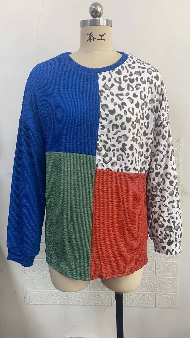 Color-blocking leopard long-sleeved sweatshirt