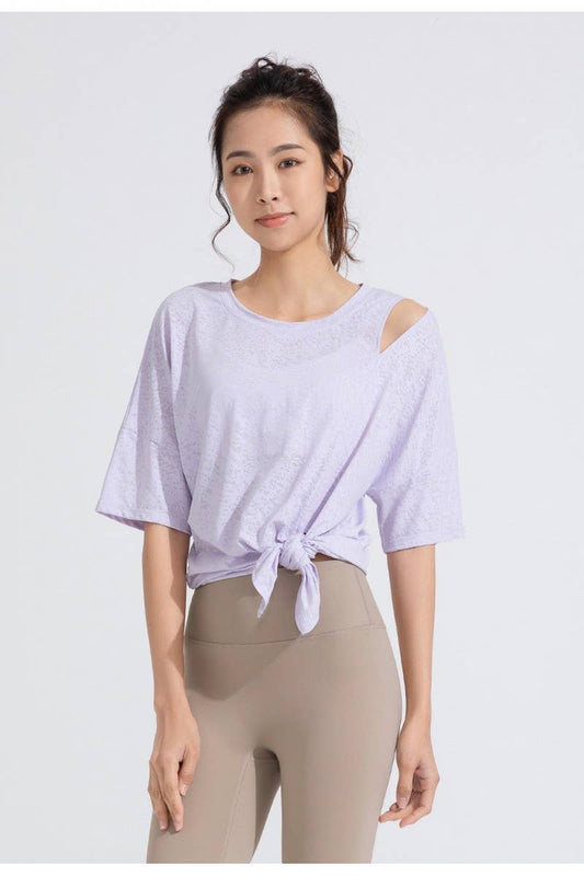 CWTBLS1470_JACQUARD CUTOUT SHORT SLEEVE RUNNING TOP