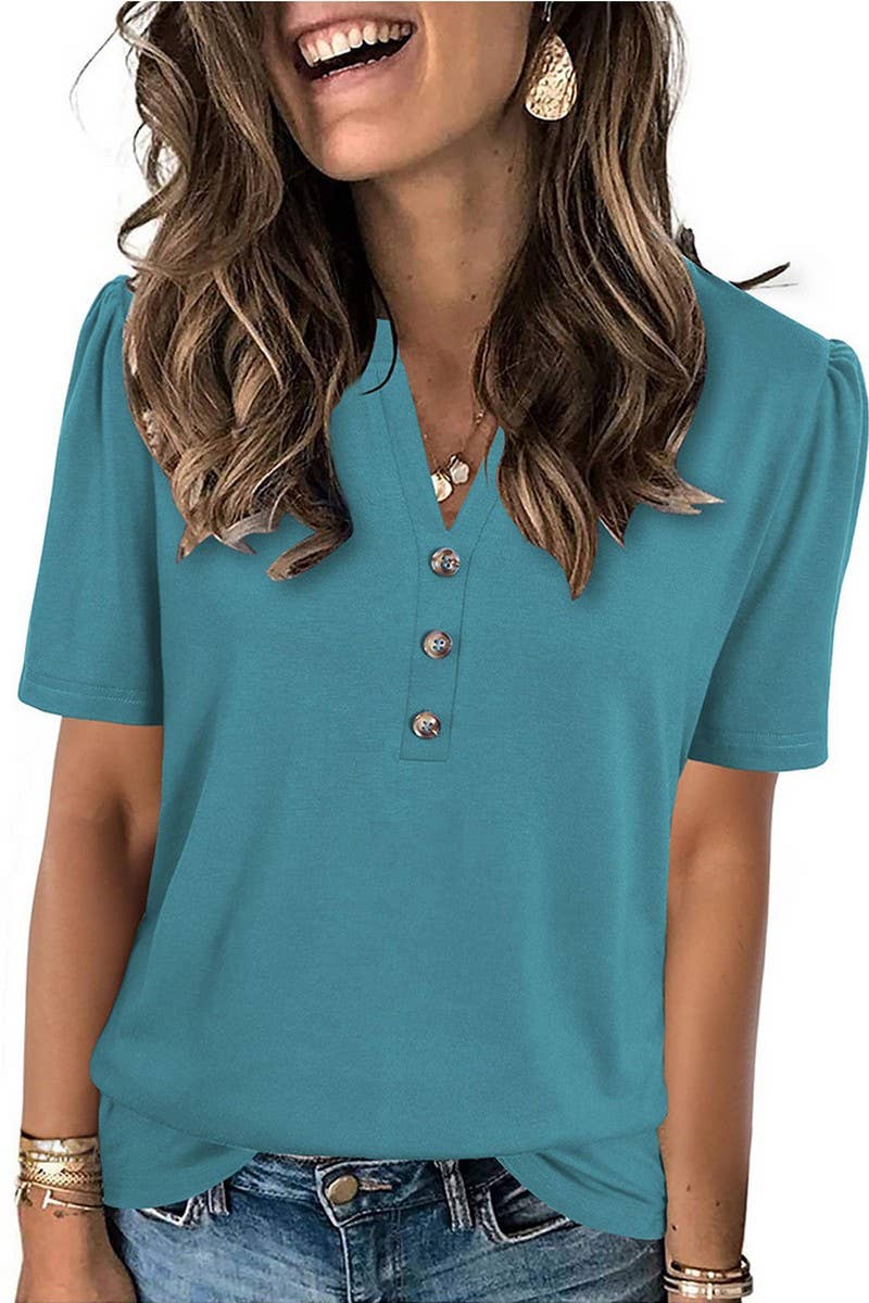 CWTBLS2259_SOLID BUTTON FRONT SHORT SLEEVE T-SHIRT TOP