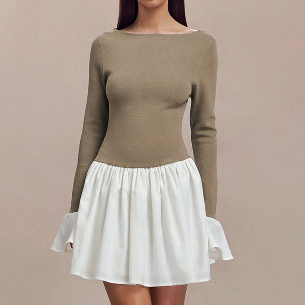 COLOR CONTRAST SPLICING SEXY LONG SLEEVE DRESS