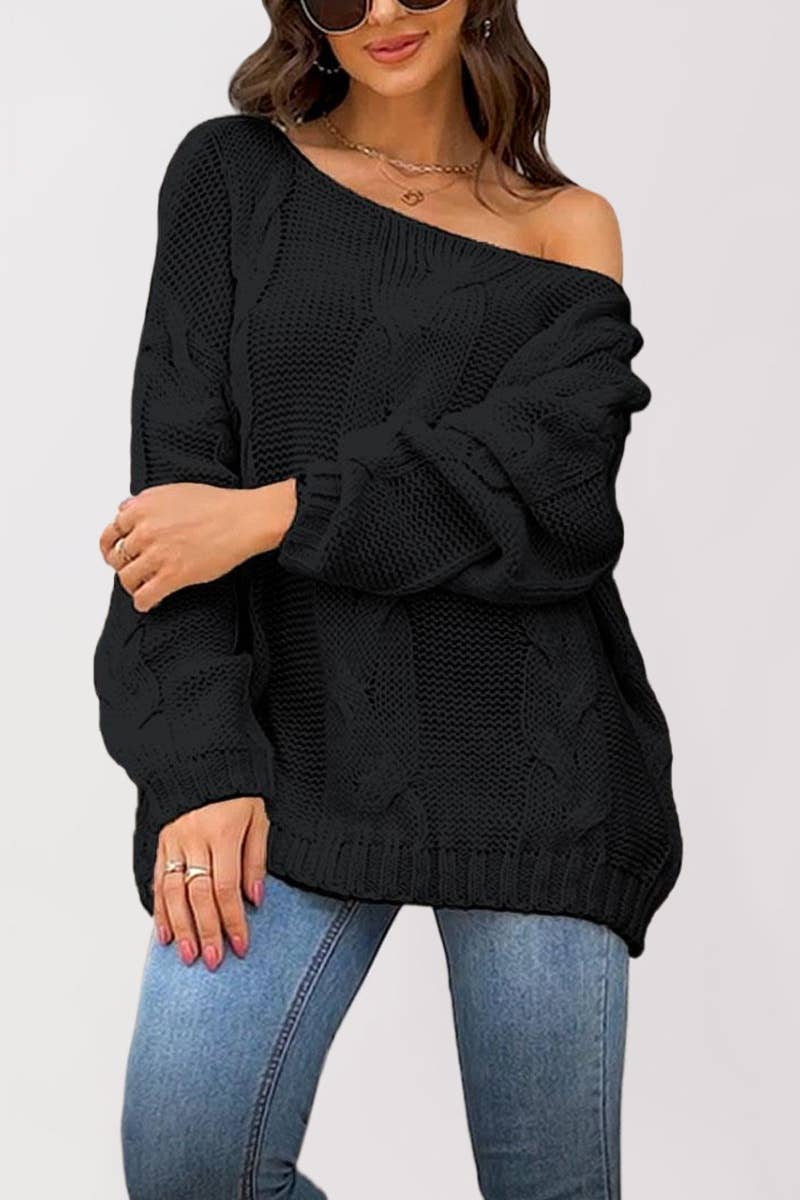 CWOSWL5853_ONE-SHOULDER LONG-SLEEVED PULLOVER SWEATER