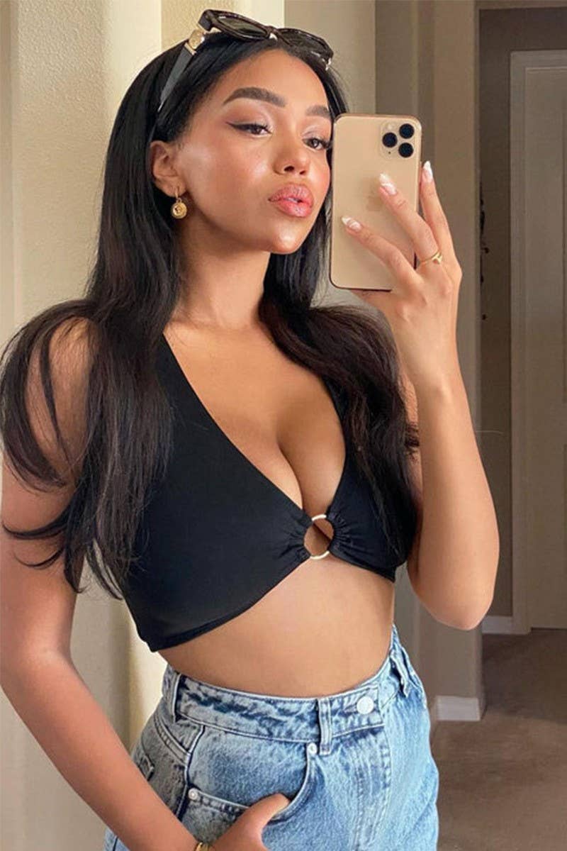 CWTTK0824_SOLID COLOR HOLLOW NAVEL-BARING V-NECK VEST