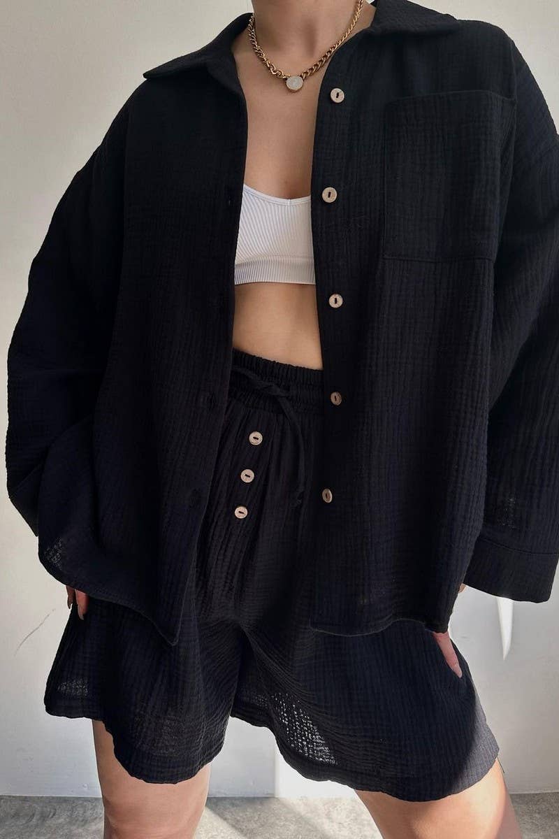 CWSTB1358_LAPEL SHIRT DRAWSTRING SHORTS TWO-PIECE SET