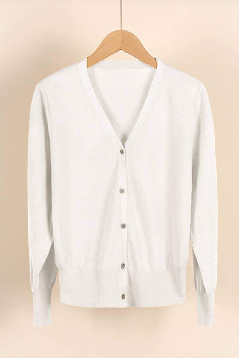 CWOCAL0333 Button Down Sleeve  V-Neck Cardigan Sweater