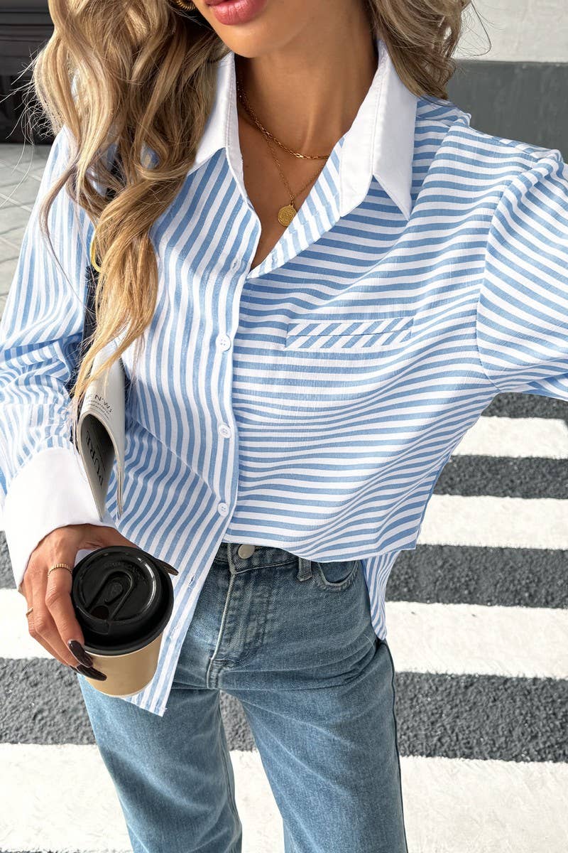 CWTSTL2892_STRIPED PATCHWORK ELEGANT SHIRT TOP