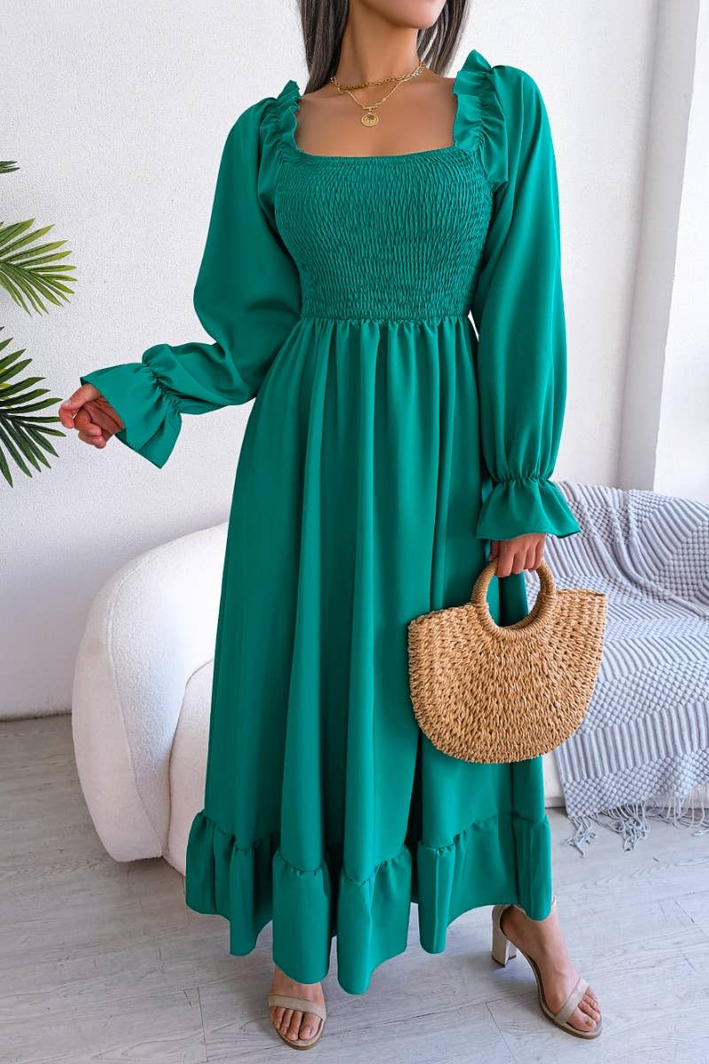 CWDMD2663_RUFFLED DRESS WITH SQUARE COLLAR FLARED SLEEVES