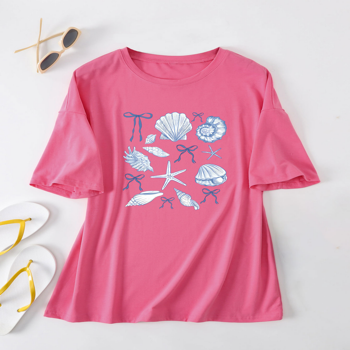 Cute Bow Print T-Shirt for Women, Shell Neckline