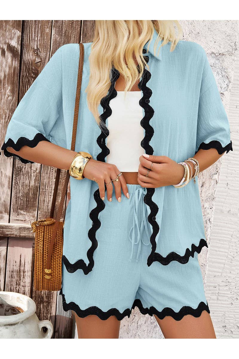 CWSTB0684_Casual Lace Shirt Shorts Set