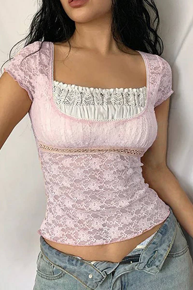 CWTBLS1595_SLIM FIT SOLID COLOR V-NECK LACE HOLLOW TOP