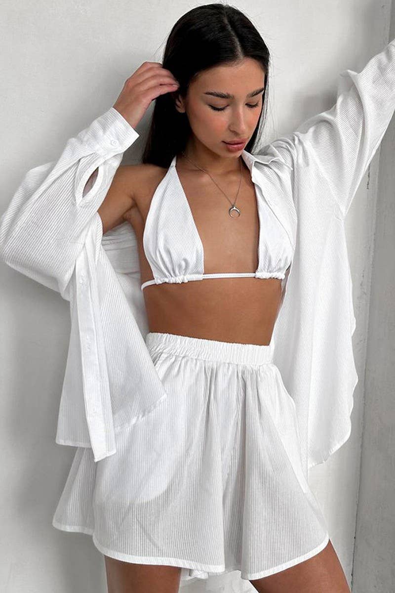 CWSPJ0259_WHITE LONG-SLEEVED UNDERWEAR SHORTS PAJAMA SET