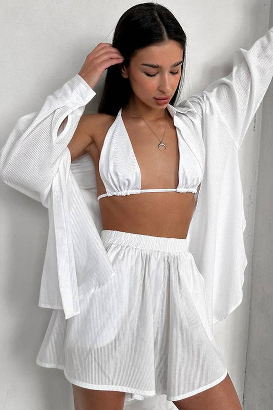 CWSPJ0259_WHITE LONG-SLEEVED UNDERWEAR SHORTS PAJAMA SET