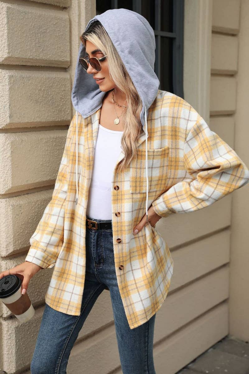 CWTSTL1709_PLAID COLOR MATCHING HOODED LONG-SLEEVED SHIRT