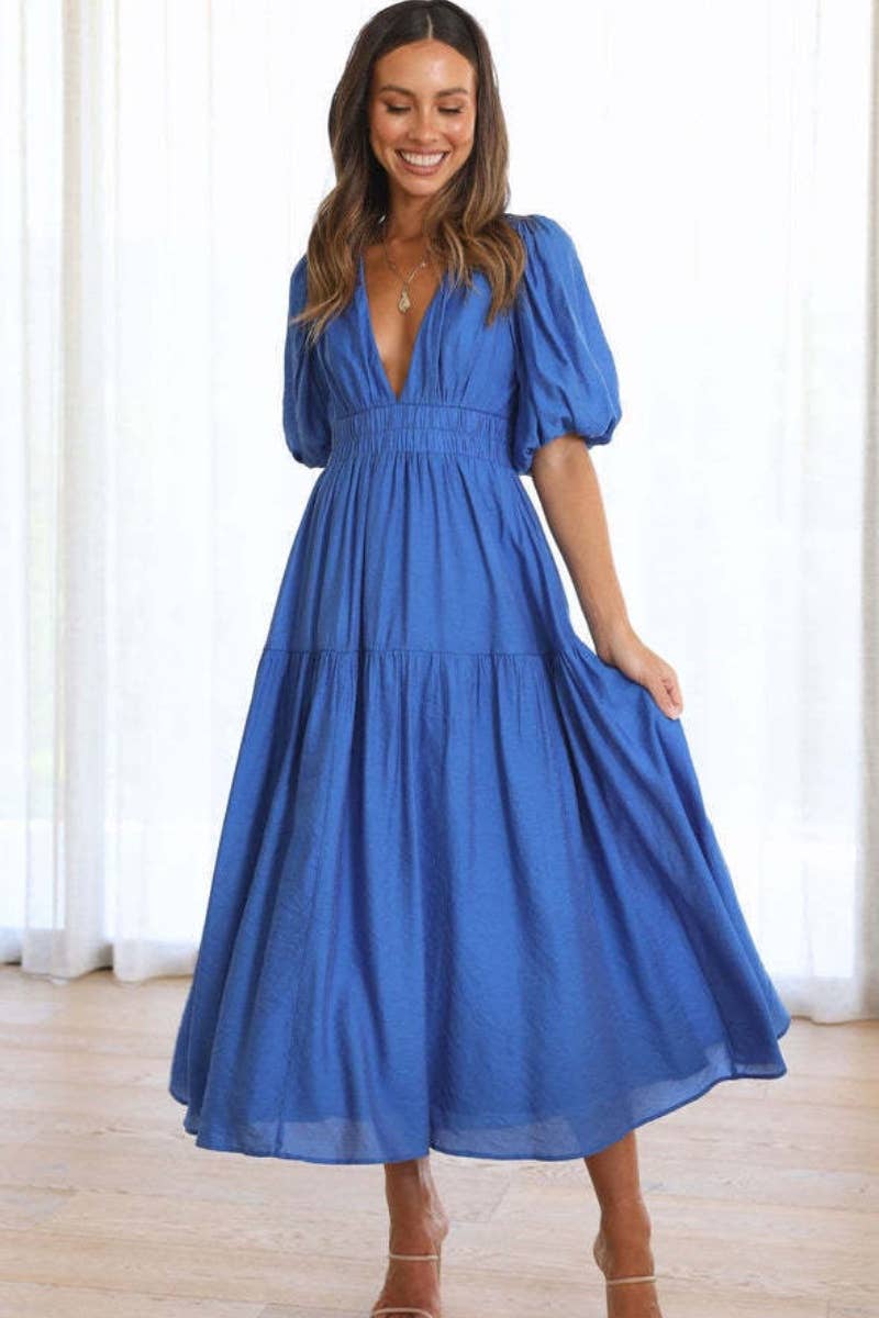 CWDMD1911_WOMEN'S SEXY DEEP V MID-SLEEVE LONG DRESS