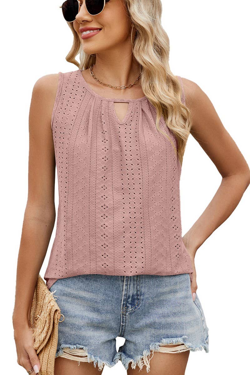 CWTTSL0316_SUMMER ROUND NECK HOLLOW PLEATED VEST T-SHIRT