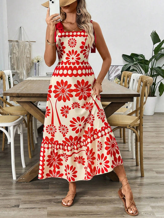 BOHO CHIC LOCKED-DOWN FLORAL STRAP DRESS