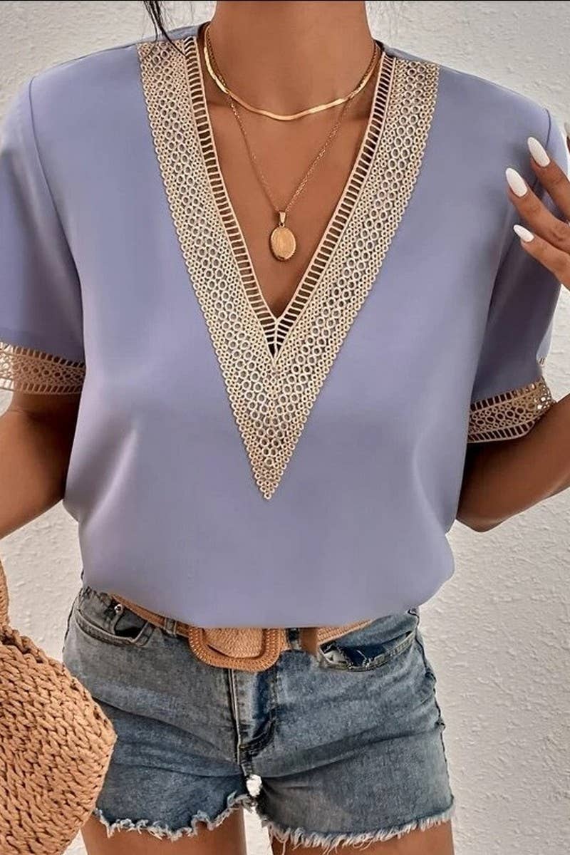 CWTBLS0826_V-NECK LACE CASUAL SOLID COLOR SHIRT