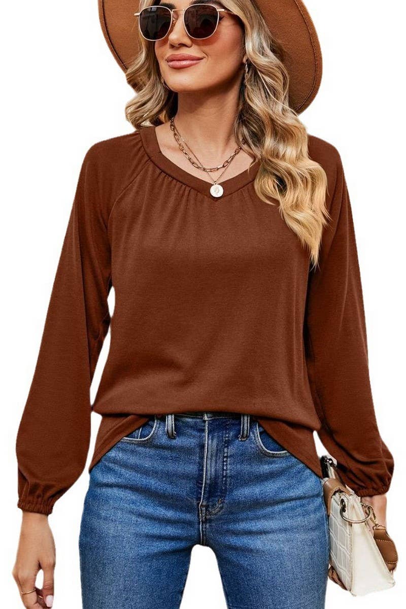 CWTBLL2370_LONG SLEEVE V NECK PLEATED LOOSE PULLOVER