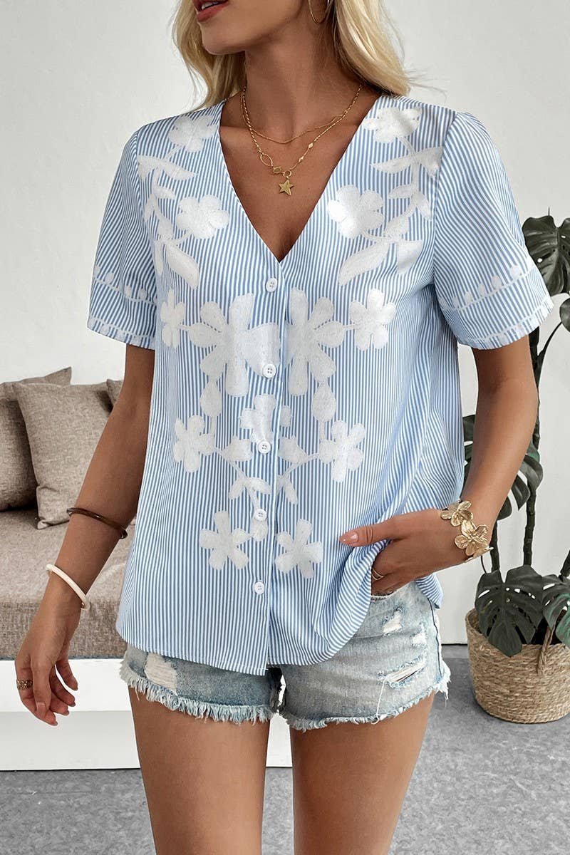 CWTBLS2291_V-NECK LOOSE FIT PRINTED SHORT SLEEVE TOP