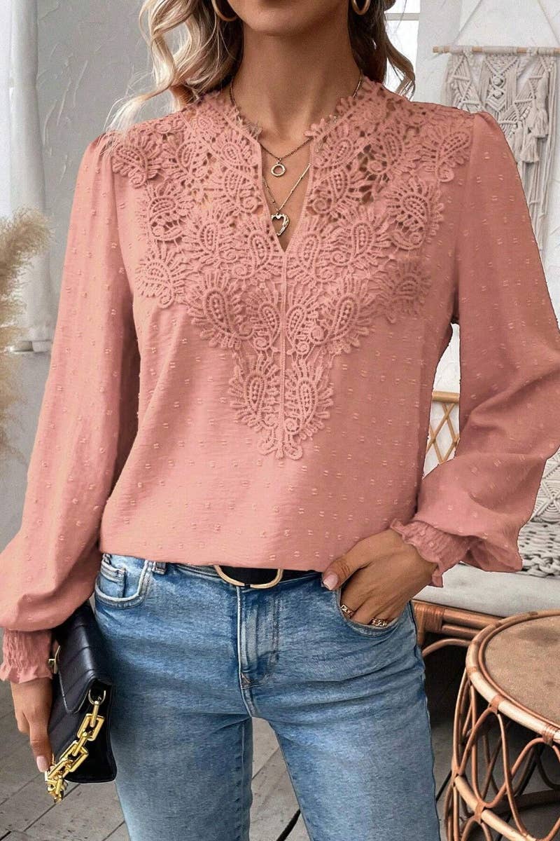 CWTBLL1064_FALL CASUAL V-NECK LACE LONG-SLEEVED TOP