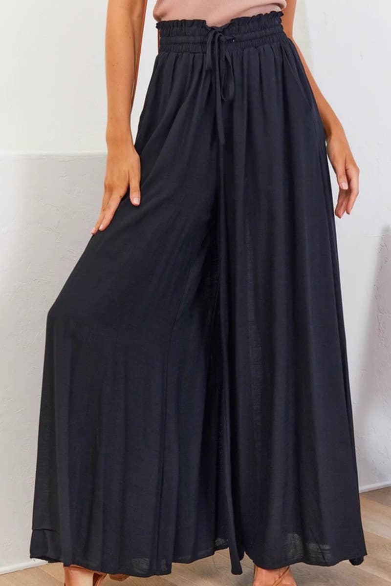 CWBLP0705_SOLID COLOR ELASTIC WAIST TIE WIDE LEG PANTS