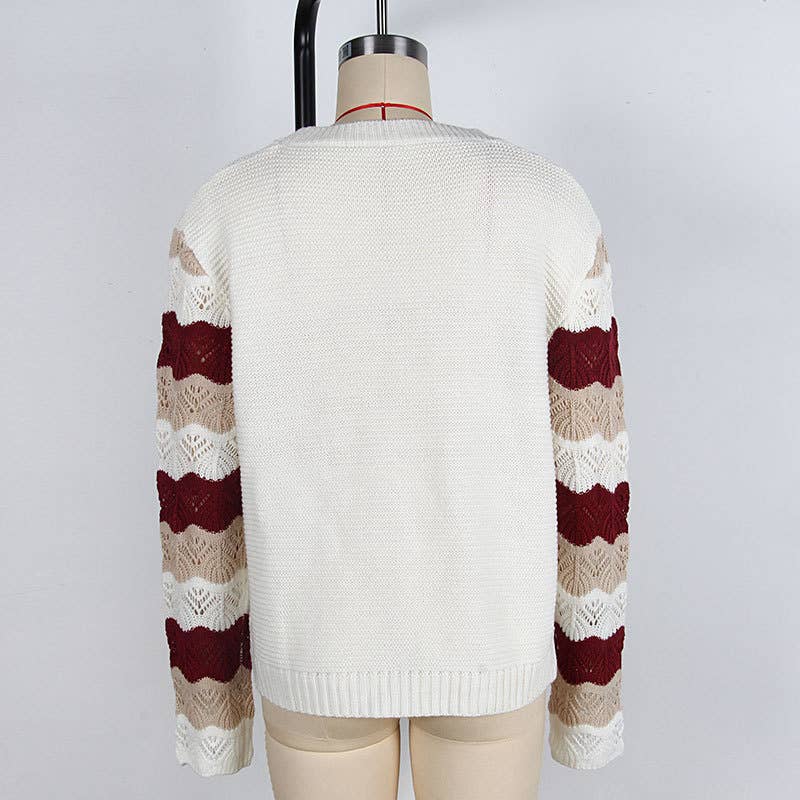 Color-blocking striped hollowed-out sweater