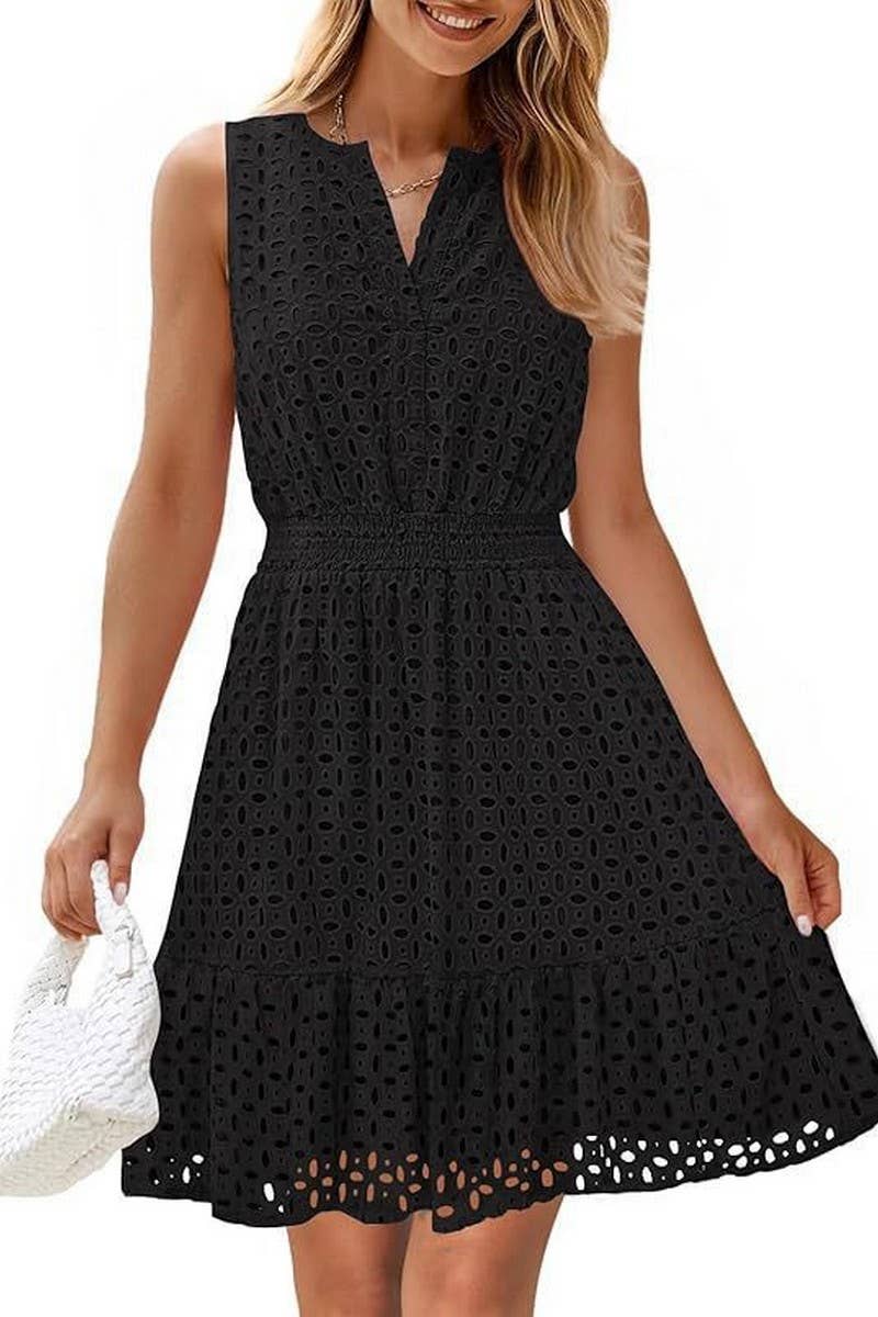 CWDSD8008_SUMMER V-NECK HOLLOW EYELET HIGH WAIST DRESS