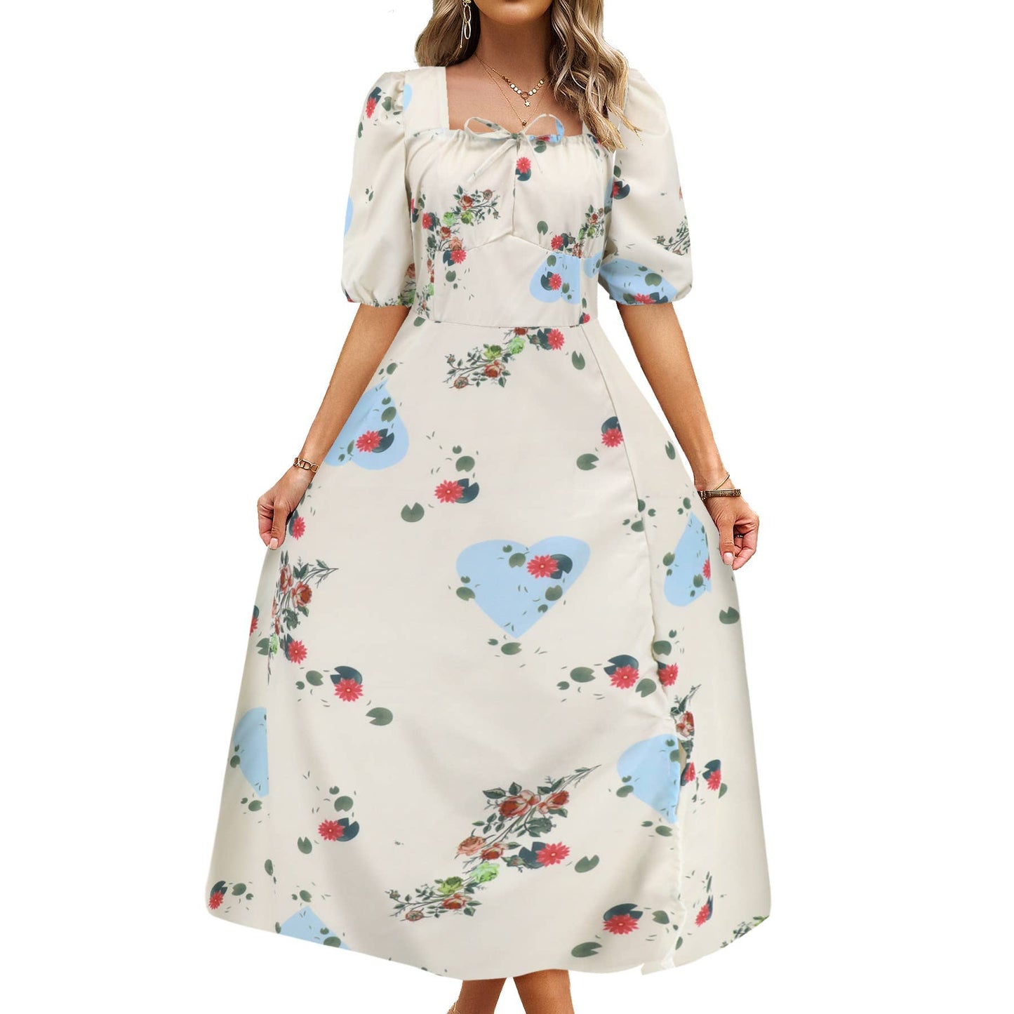 Floral Elegant Lantern Sleeve Dress