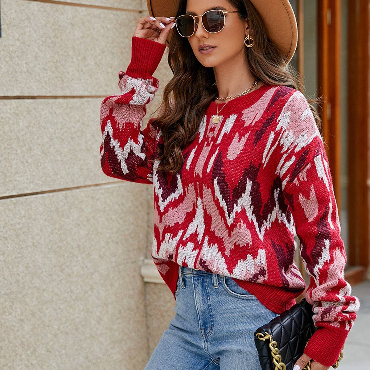 Color contrast jacquard loose long-sleeved sweater