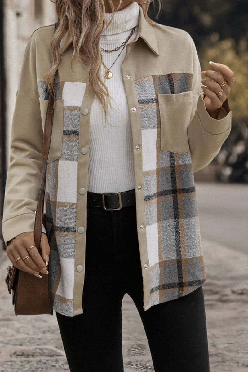 CWOCO0645_LAPEL SINGLE-BREASTED CHECK LONG-SLEEVED COAT