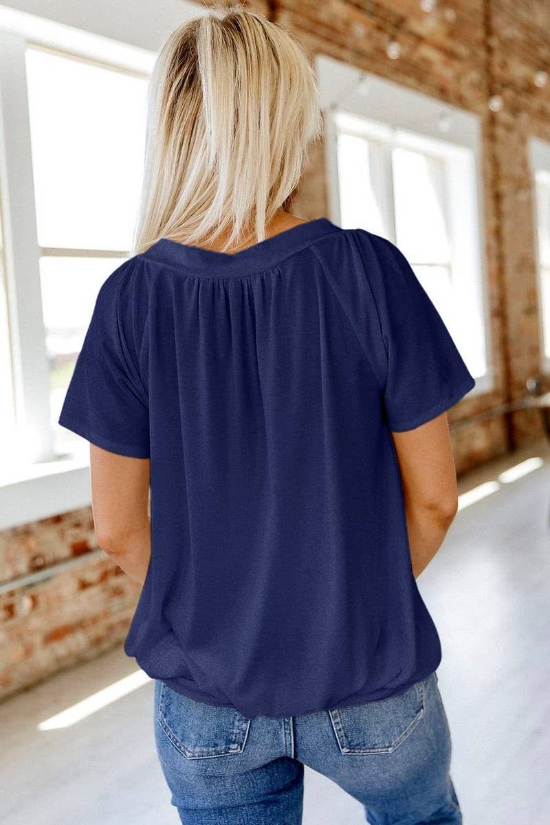 CWTBLS2255_V-NECK RUCHED LOOSE FIT COTTON T-SHIRT
