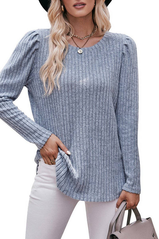 CWTBLL1832_ROUND NECK PUFF SLEEVE RIBBED SOLID COLOR TOP