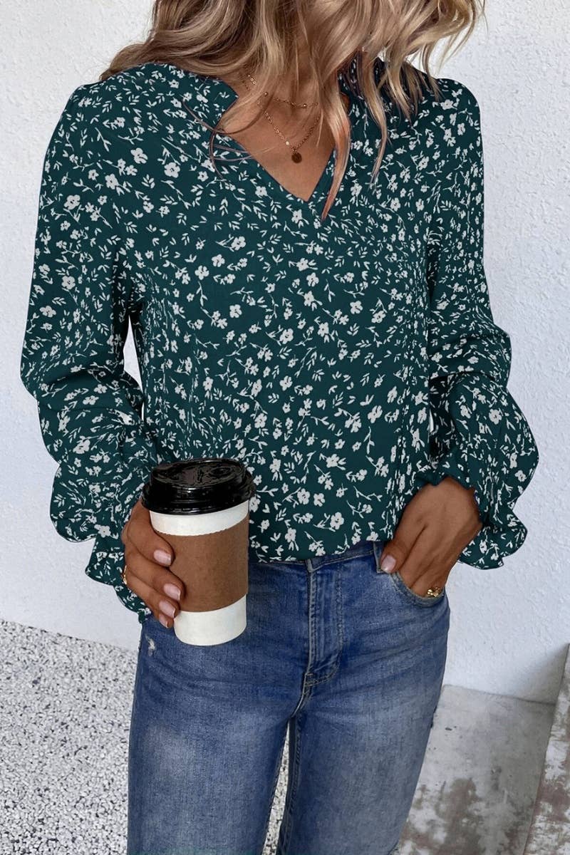 CWTSTL2080_FLORAL V-NECK RUFFLED LONG-SLEEVED SHIRT