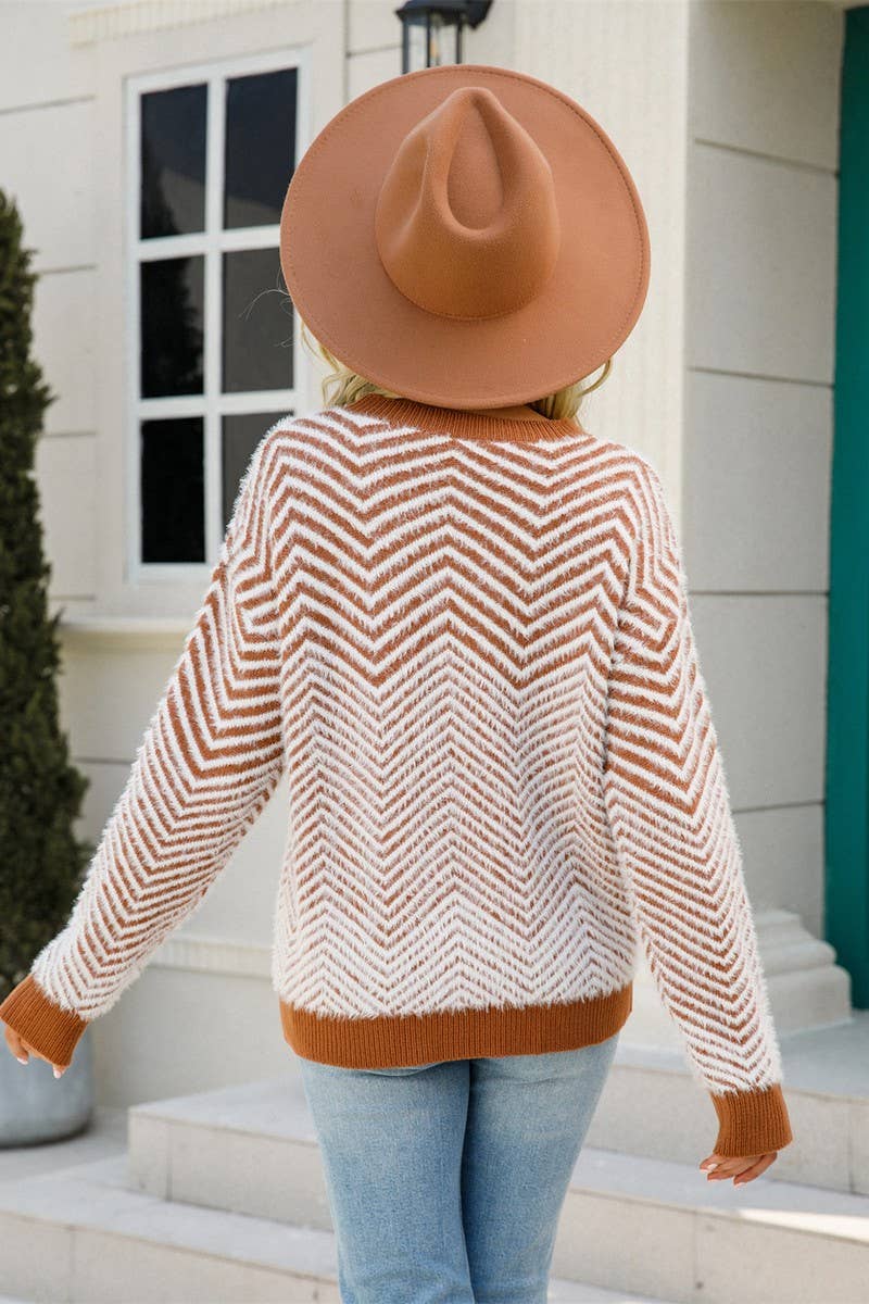 CWOSWL1707_V-neck Long Sleeve Striped Pullover Sweater