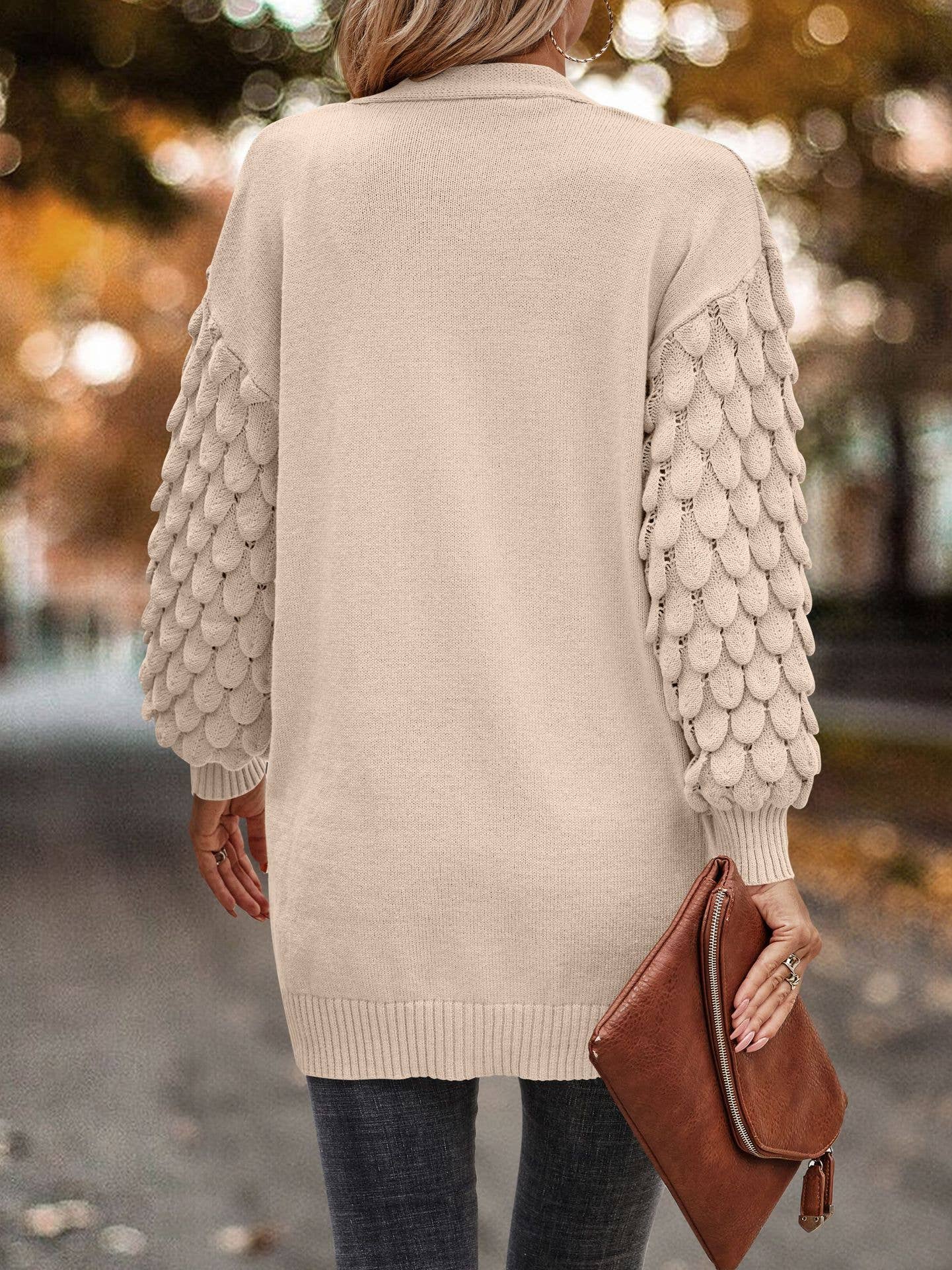 FEATHERED V-NECK LONG SLEEVE KNIT CARDIGAN