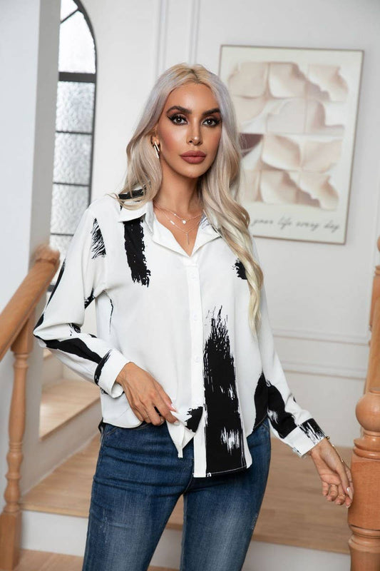CWTBLL0695_Button Down Casual Long Sleeve Print Top