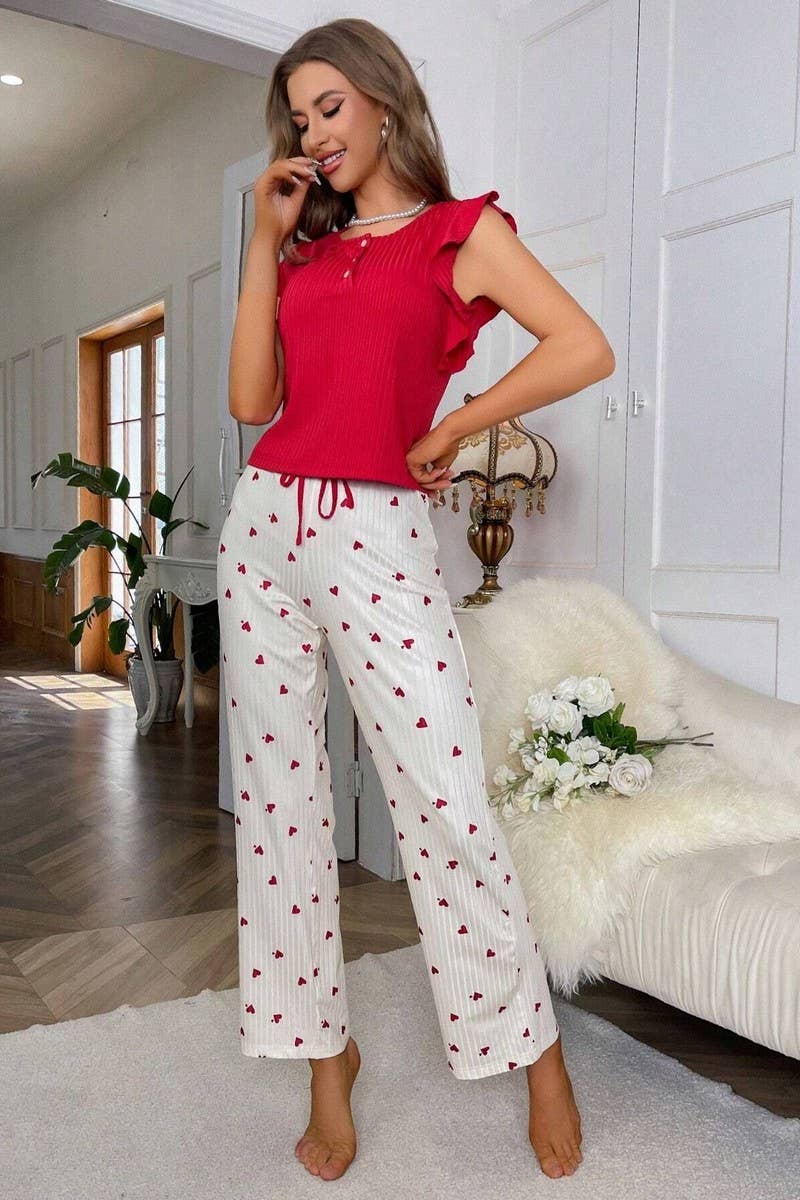 CWSPJ00493_HEART PRINT RUFFLED SLEEVE RIBBED LOUNGEWEAR SET