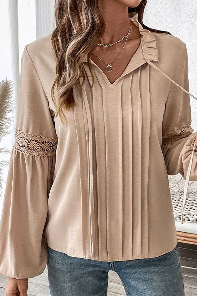 CWTBLL00727_LACE V NECK LONG SLEEVE SOLID PLEATED BLOUSE