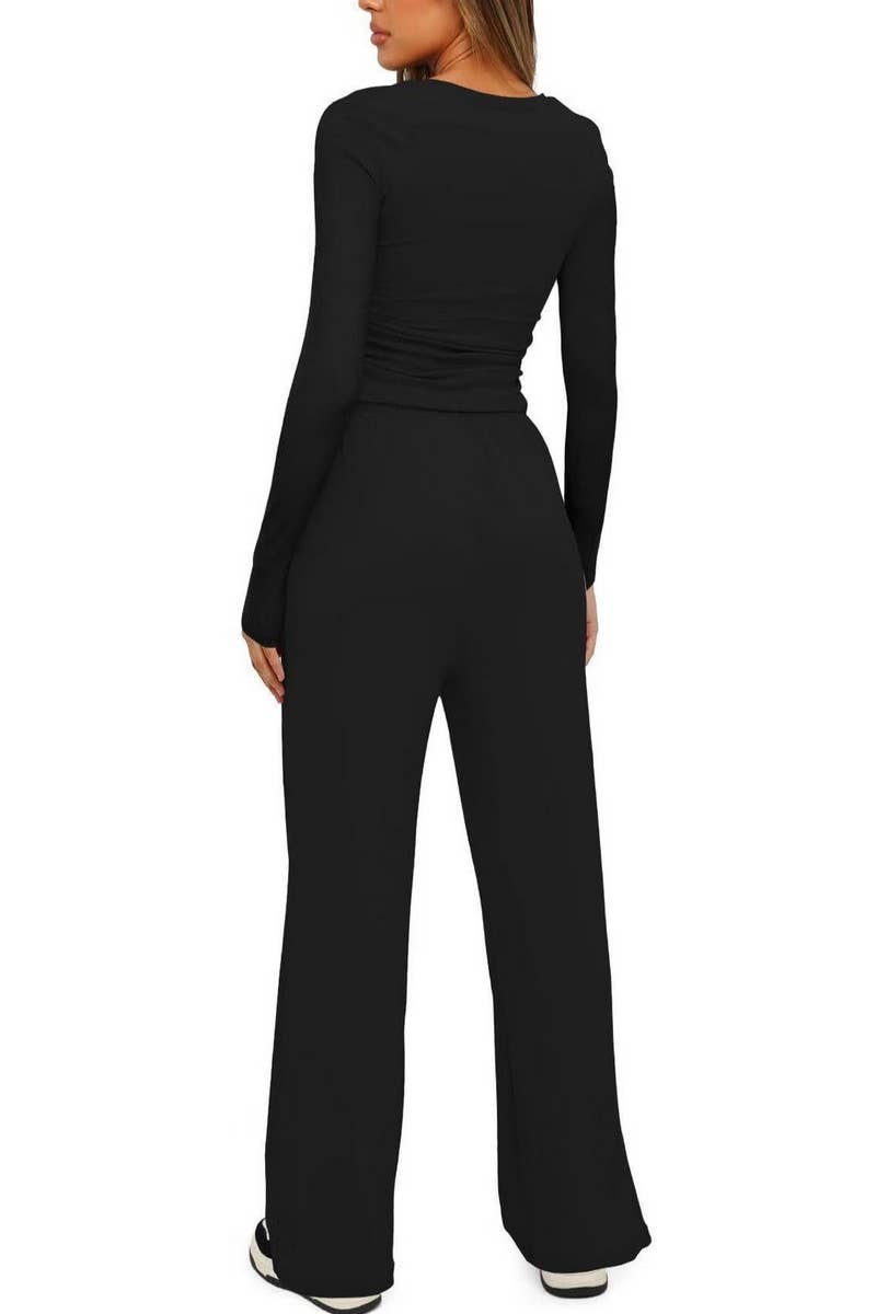 CWSTB2035_CASUAL RUCHED LONG SLEEVE TOP & PANTS SET