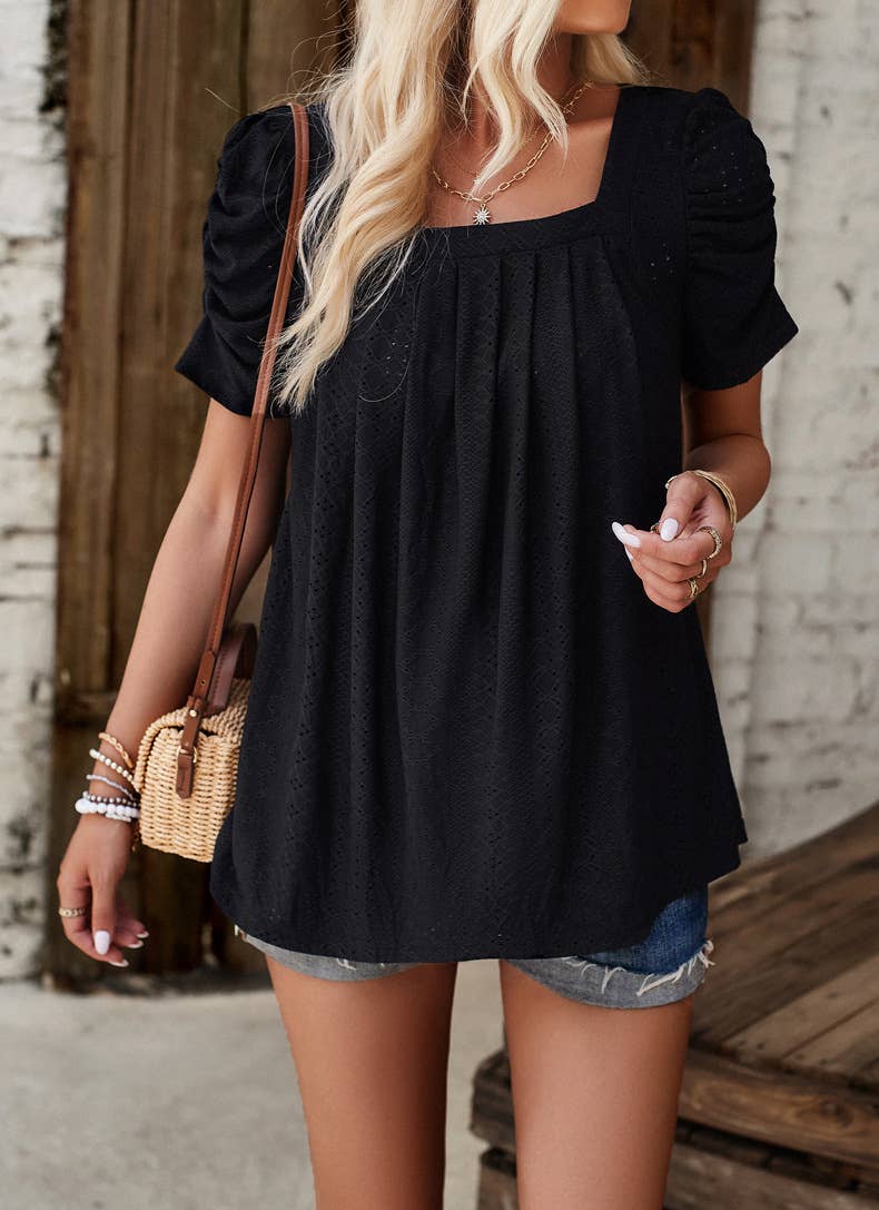 CASUAL SOLID COLOR SQUARE COLLAR SHIRT TOP