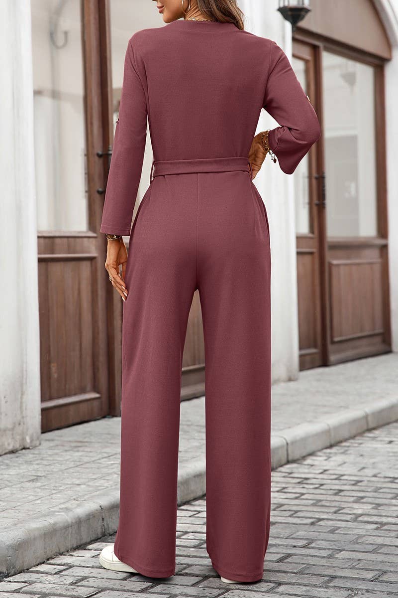 CWSJS00303_SOLID HIGH WAIST TIE BUTTON LONG SLEEVE JUMPSUIT