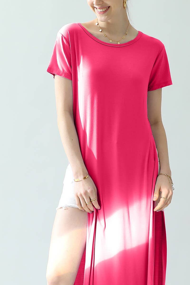 CWDMD824_ROUND NECK SHORT SLEEVE LONG DRESS WITH SLIT