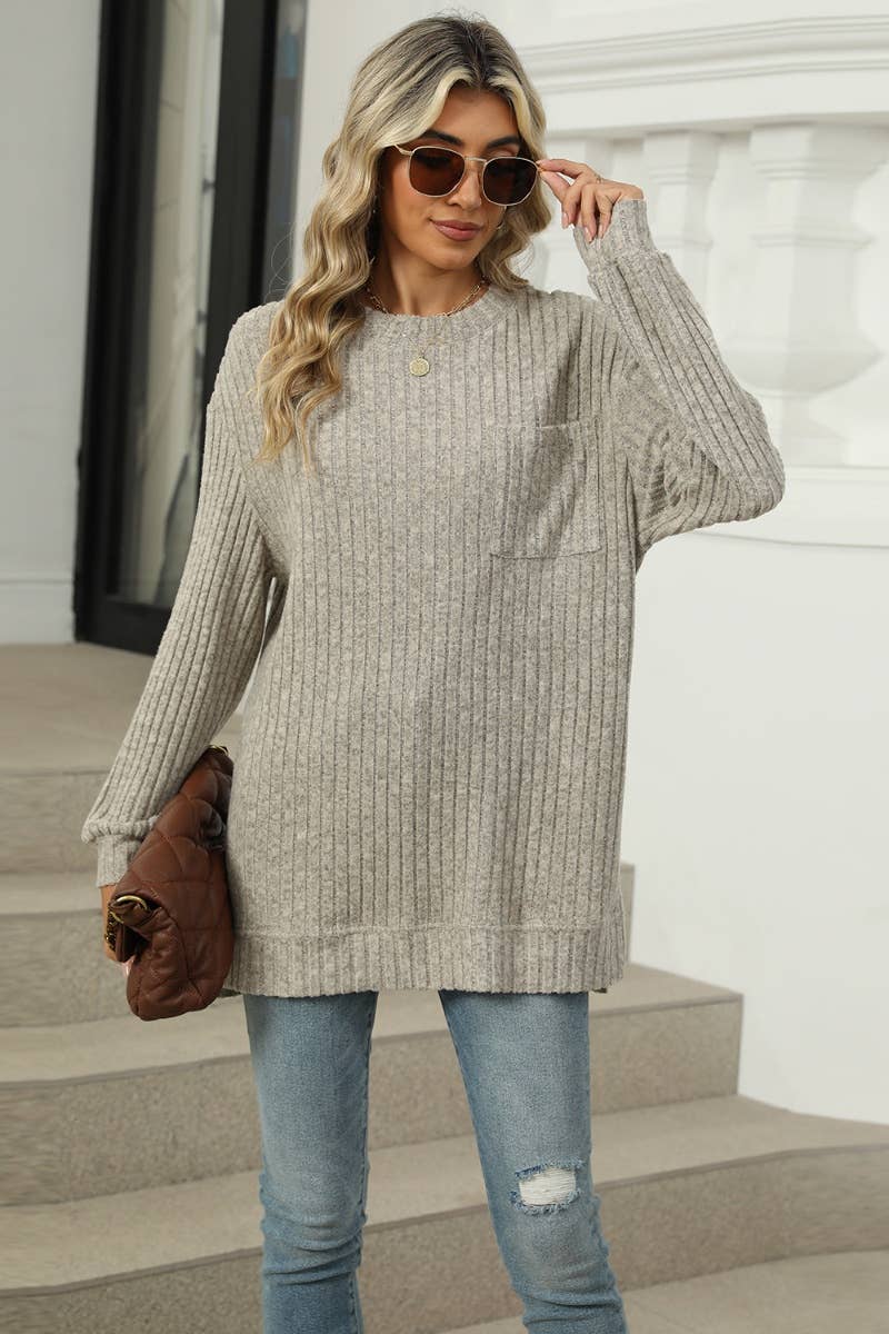 CWOSWL6608_WINTER POCKET CREW NECK LONG-SLEEVED SWEATER
