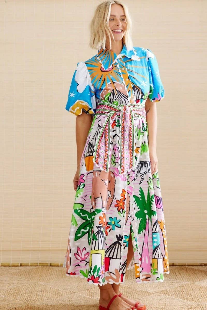 CWDMD00970_LAPEL PRINTED CASUAL CARDIGAN SHORT SLEEVE DRESS