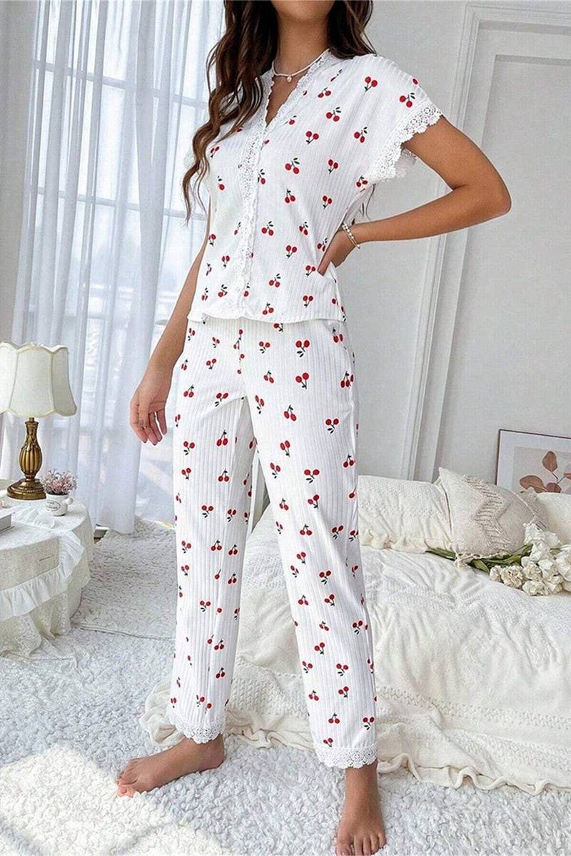 CWSPJ00468_CHERRY PRINT LACE TRIM SHORT SLEEVE PAJAMA SET