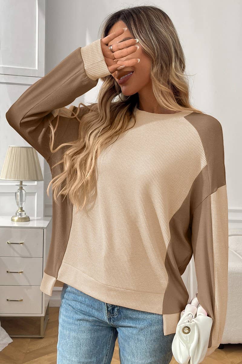 CWTBLL00833_COLORBLOCK CREWNECK WAFFLE KNIT LOOSE TOP